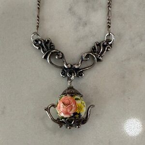 Stanley Silver Floral Vintage Teapot Pendant Necklace